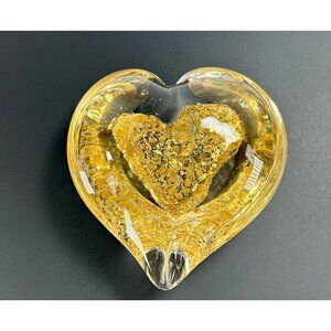 Hand Blown Art Glass Clear Heart Paperweight Embedded Gold Leaf Heart Design